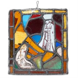 Arts & Crafts leaded stained glass panel depicting a painted seated siren or mermaid and a...