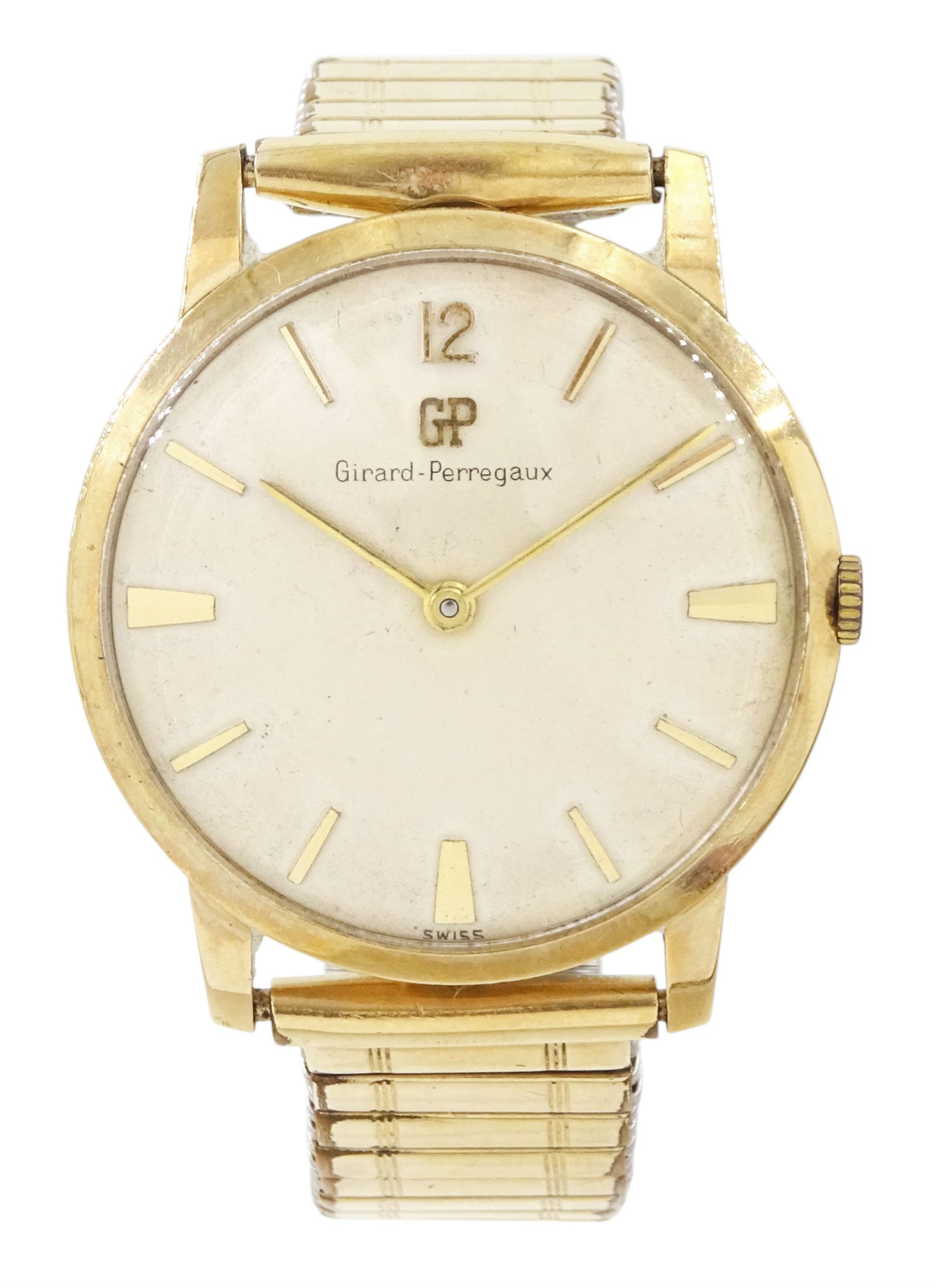 Girard-Perregaux gentleman's 9ct gold manual wind wristwatch, cream dial with baton hour markers, Birmingham 1960, on expanding gilt strap