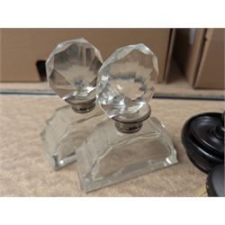 Pair of silver bud vases, pair of scent bottles with silver collars, butterfly wing picture and an ebony dressing table set