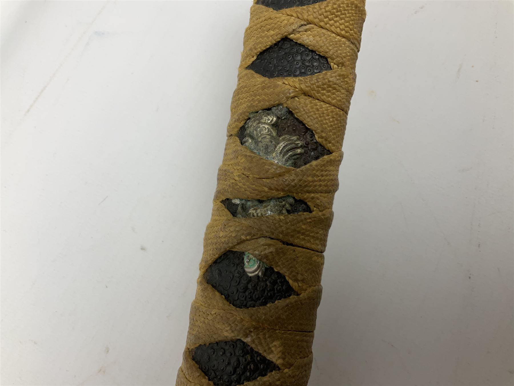 Three reproduction swords - Japanese katana and saya; Tai Chi sword with ornate scabbard; and dress sword with fullered triangular blade and horn handle (3)