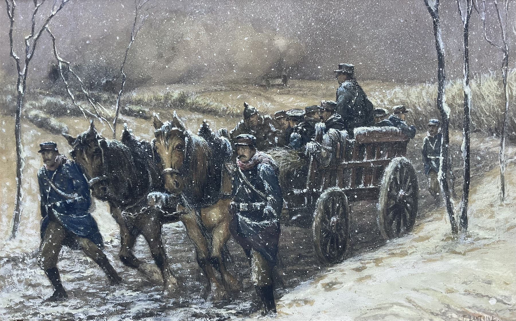 Fernand Désiré Louis Lantoine (French 1876-1955): Soldiers Travelling by Horse and Cart in the Snow, watercolour heightened in white signed 32cm x 51cm