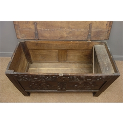  17th/18th century carved oak blanket chest, hinged lid, stile supports, W115cm, H65cm, D50cm  