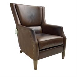 Club reading armchair, upholstered in brown Brazilian leather, studded detail, oak tapering legs