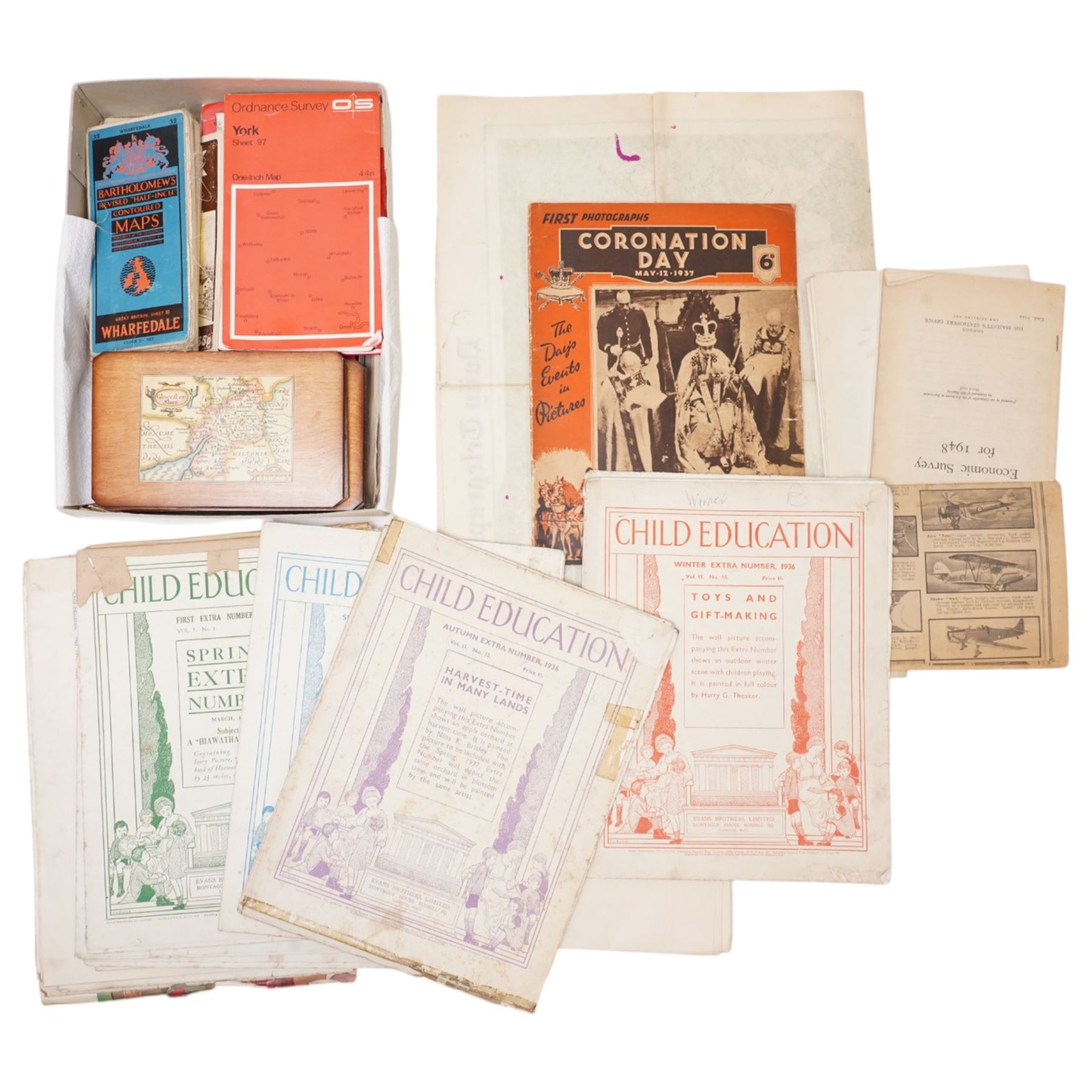  George II indenture 1747 , number of volumes of Child Education magazine 1936, Coronation Day magazine 1937, Daily Telegraph War Maps Nos. 6 & 7, other folding maps etc