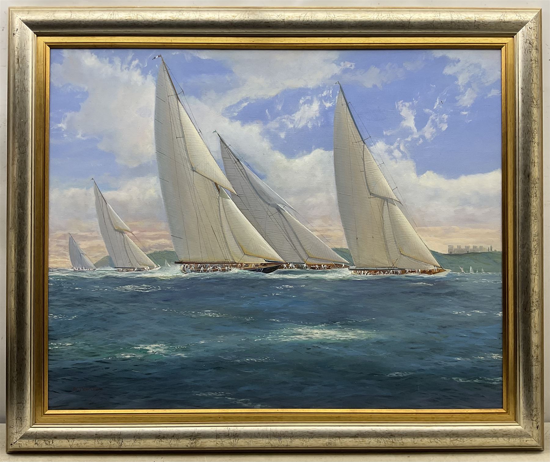 Michael J Whitehand (British 1941-): Racing Yachts off a Castle, oil on canvas signed 79cm x 99cm