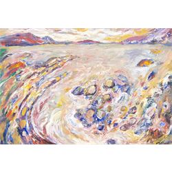 Graham Kingsley Brown (British 1932-2011): Seashore, oil or acrylic on board unsigned 21cm x 30.5cm 
Notes: Likely painted between 1998-2000, this painting is distinctive in featuring a seascape which not only has a high horizon line, but also detail in the foreground. Pebbles, rocks and seaweed are indicated as the swirling tide flows towards the viewer. A warm range of tones is used for this seascape, (a topic that we usually associate with cool blues and greens) to create an inviting feel.
