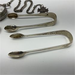Edwardian silver open face lever pocket watch, case by Alfred Wigley, Birmingham 1901, on silver tapering Albert chain, 14ct gold ladies manual wind wristwatch, two pairs of silver sugar tongs by Francis Higgins II, London 1880, silver charm and a 9ct gold cameo