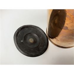 Victorian copper hot water urn, the body of plain cylindrical form with brass tap, the slightly domed lid with brass finial, together with a rectangular copper planter, with twin brass lion mask handles, urn H35cm