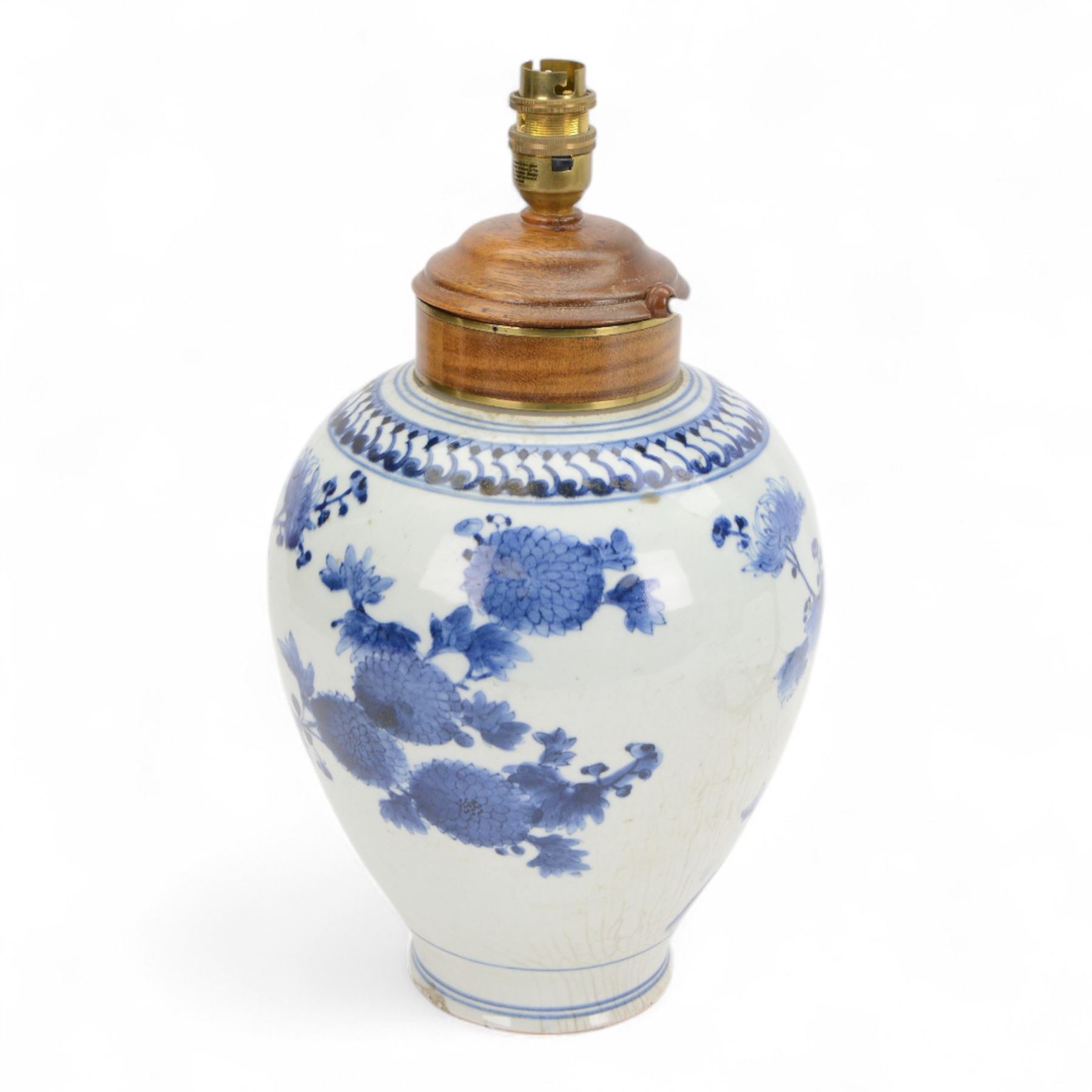 20th century Chinese blue and white vase converted to a table lamp, decorated with birds amongst flowering branches, H40cm 