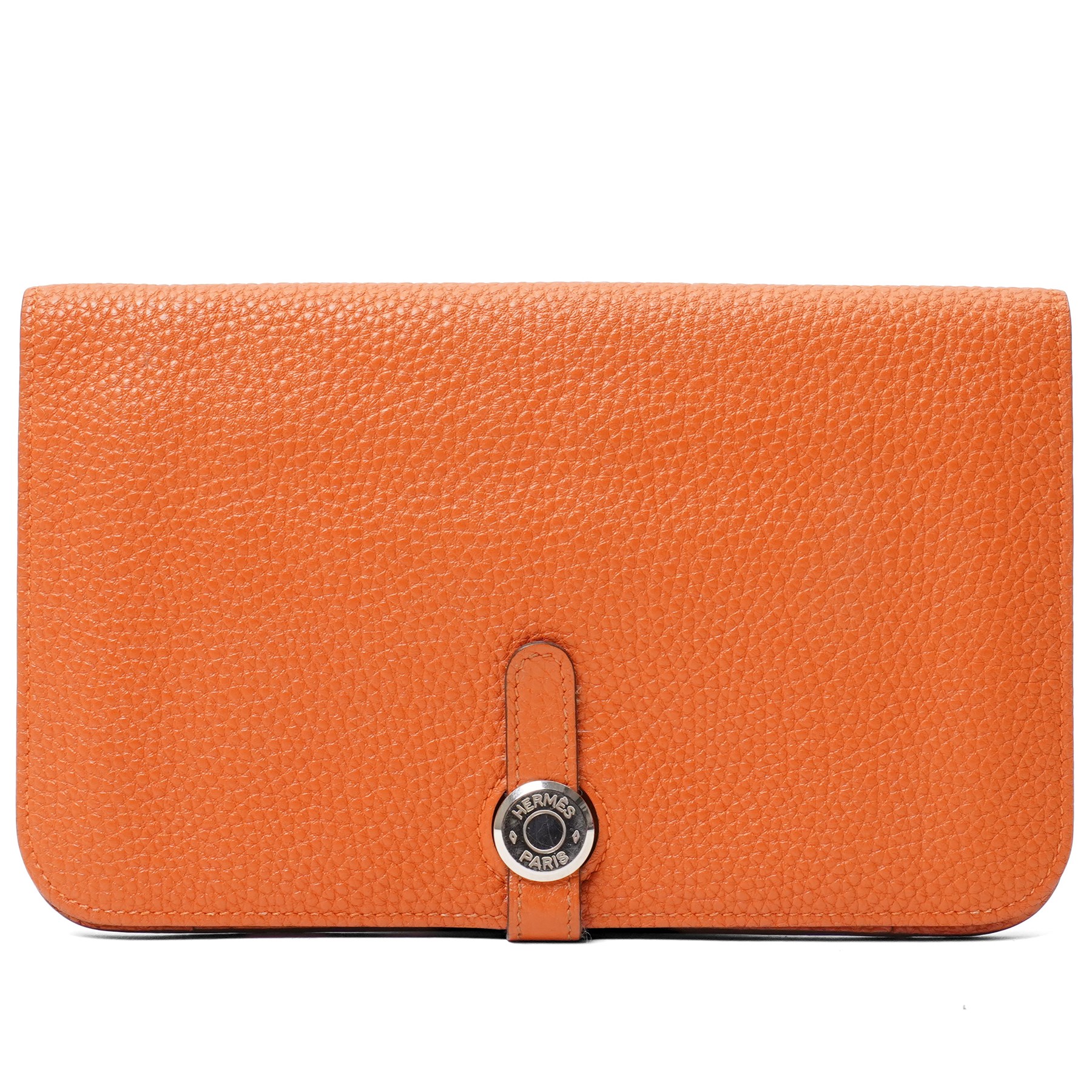 Hermès - Dogon Duo wallet, orange Togo leather, with palladium-plated Clou de Selle fastening, detachable zipped coin purse and fitted interior, stamped 10N H, with original box