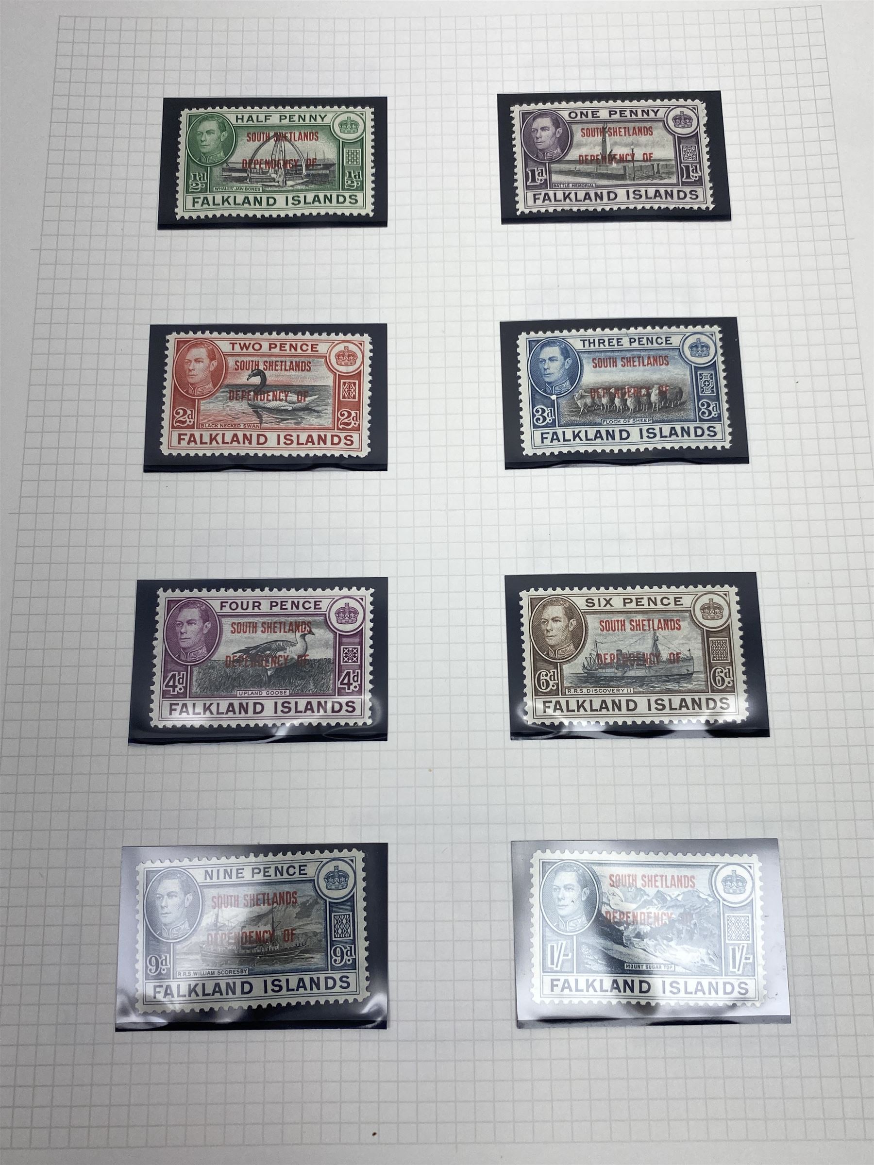Falkland Islands, King Edward VII and later stamps, including 1904-12 values to one shilling unused, King George V 1912-20 values to five shillings unused etc, housed on pages