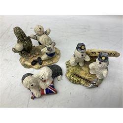 Three Sylvia Smith models of Old English Sheepdogs, Royal Orleans Pink Panther lidded box, two Crummels boxes and two Royal Worcester bird figures