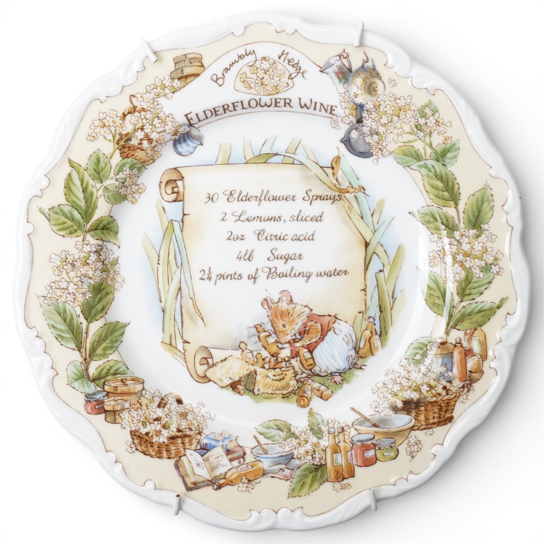 Eight Royal Doulton Brambly Hedge plates from the The Recipe Plate Collection, comprising 'Nettle Soup', 'Strawberry Shortcake', 'Mushroom Tart', 'Apple Pie', 'Elderflower Wine', 'Crystallized Violets', 'Blackberry Sorbet' and 'Honey & Nut Biscuits' (8)