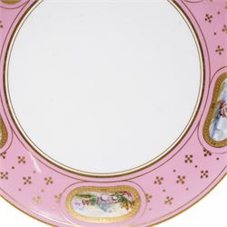 Pair of Victorian Minton plates, the pink borders painted with small landscape panels D24cm