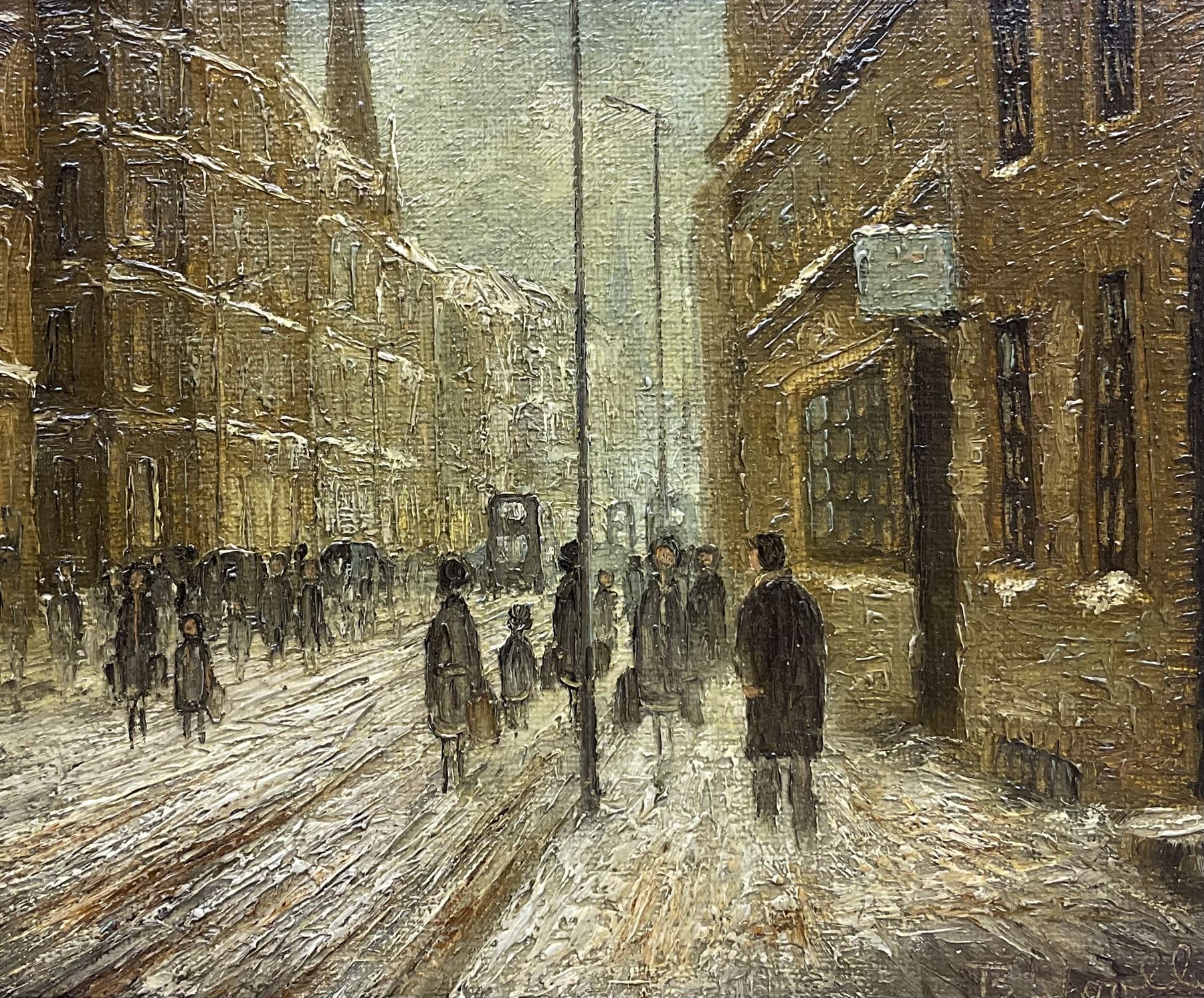 B Woolley (Northern British 20th century): 'Winter in the City - Manchester', oil on canvas laid on to panel signed and dated '77, 23cm x 28cm