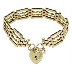 9ct gold four bar gate bracelet, with heart locket clasp, hallmarked