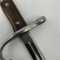 Swiss M1957 S.1.G. assault rifle bayonet, the 24cm double edged blade marked 'F over +W' for Waffenfabrik Bern and W343723, ribbed black grip and plastic scabbard L38cm; and cut down WW1 Turkish Mauser 1890/1903 pattern sword bayonet with numerous Ottoman Turkish Army marks, blade 26.5cm (Pommel has Ottoman Sultan's seal 'Tughra' - the same as on the Gallipoli Star awarded to Turks after the Gallipoli Campaign)
