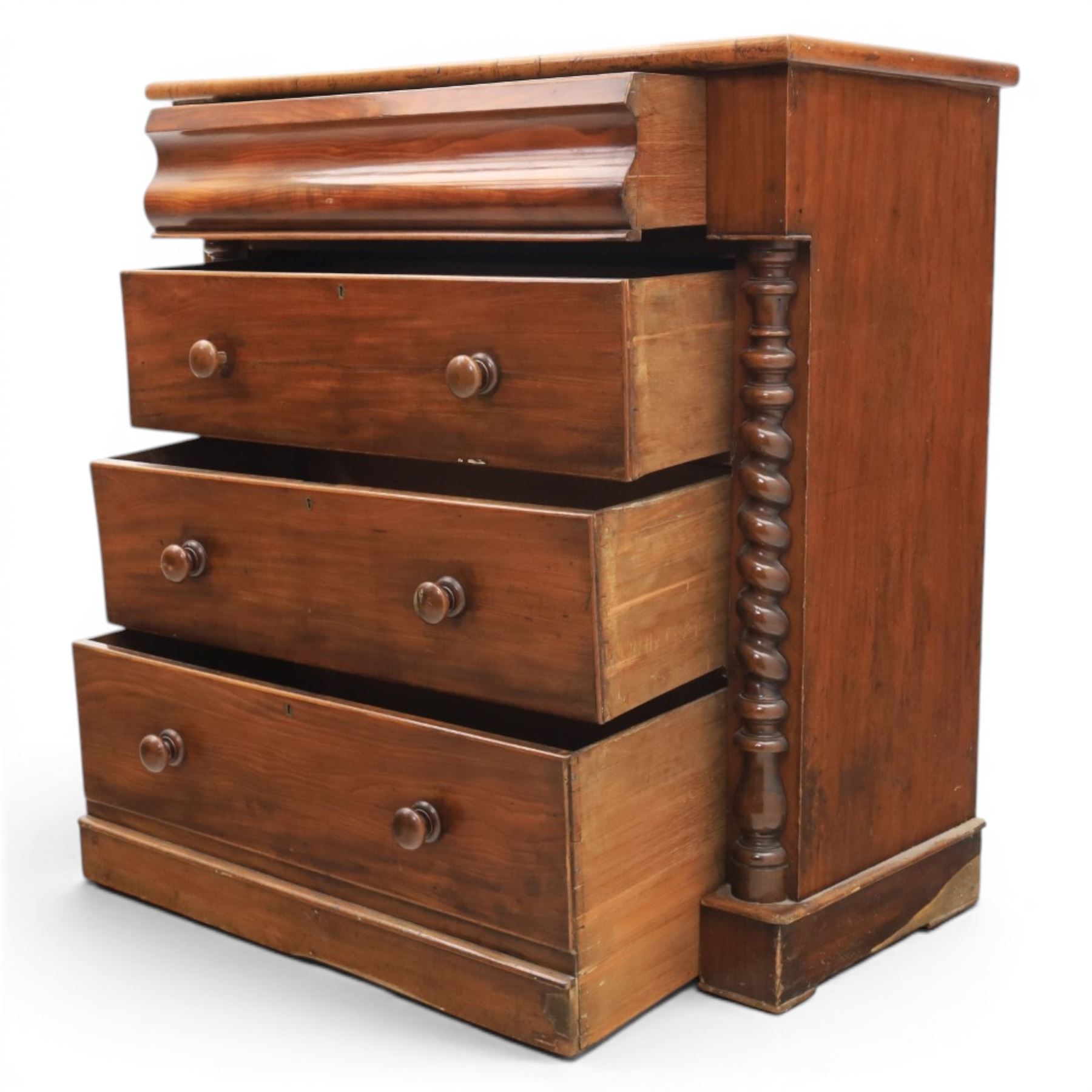 William IV style mahogany chest, rectangular moulded top over cushion-moulded frieze drawer and three long drawers with turned wooden handles, flanked by rope-twist turned pilasters, on plinth base