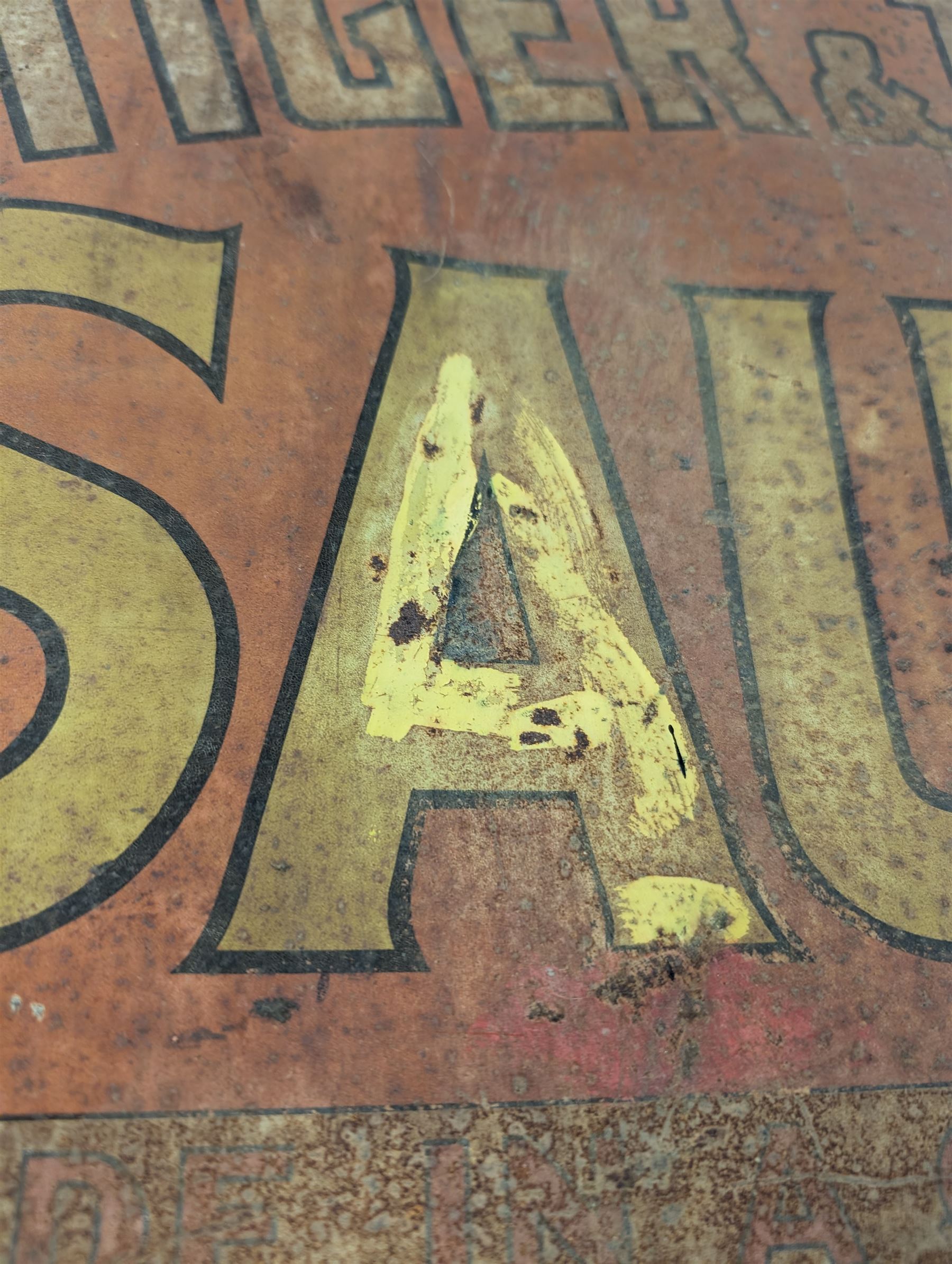 Large metal advertising sign, Fletcher's Tiger & Tomato Sauces, H51cm, W72cm