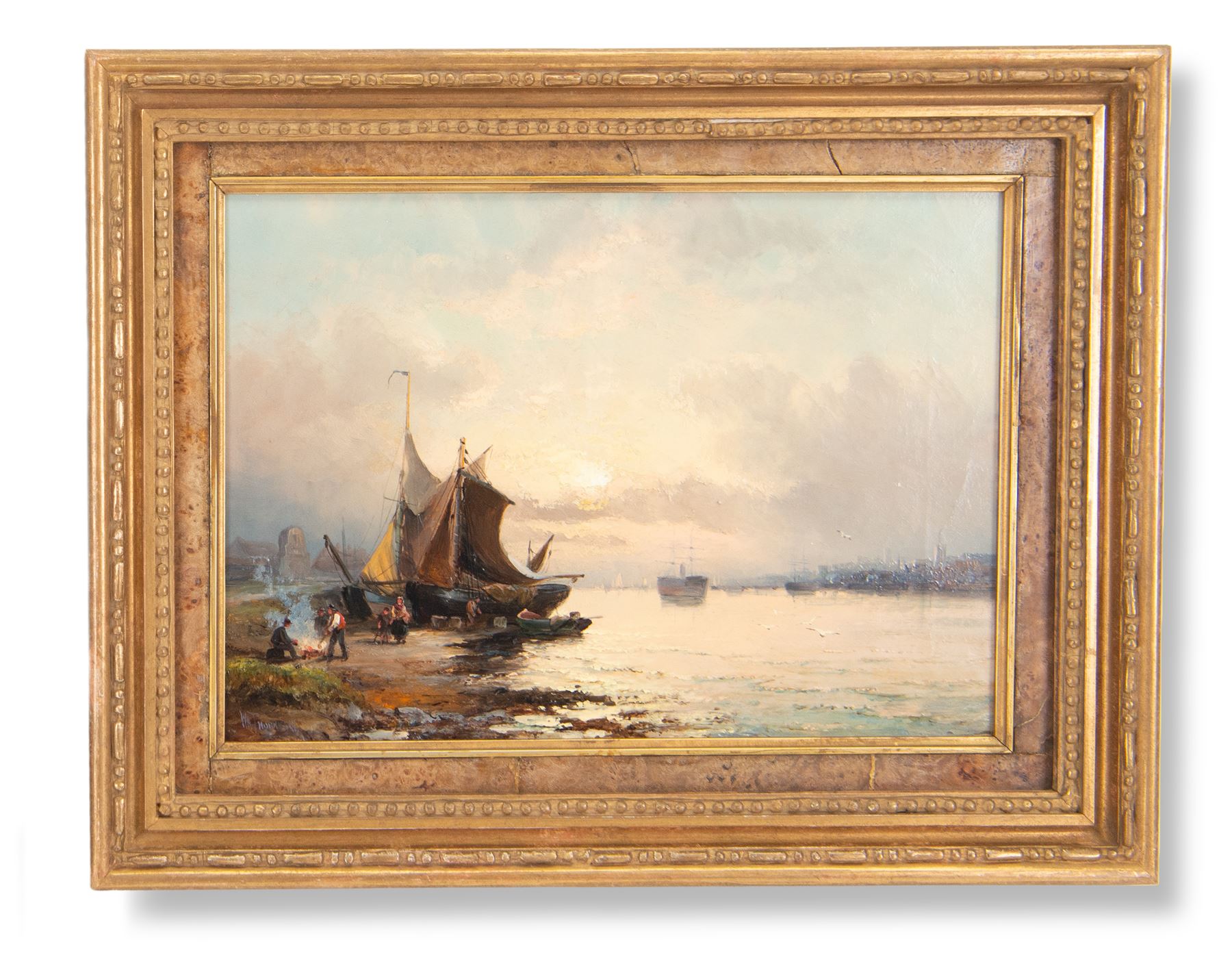 William Anslow Thornley (British fl.1858-1898): 'Sunrise - Gravesend from Tilbury' and 'Moonlight - The Medway before Rochester', pair oils on canvas signed, original title labels verso 25cm x 35cm (2) 
Provenance: with the Kenulf Gallery, Winchcombe, labels verso