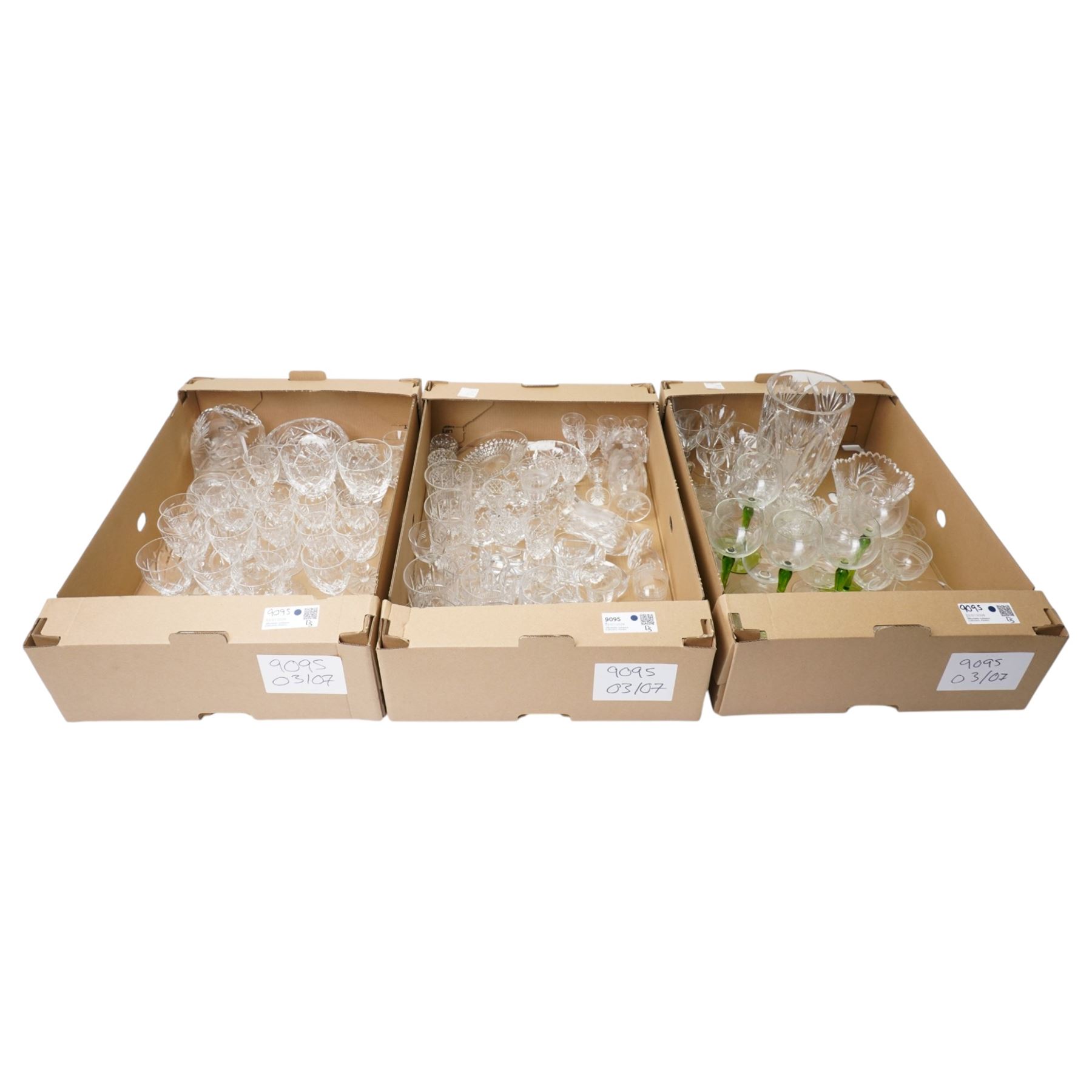 Collection of mixed crystal and glassware, to include a 19th century Scottish dram glass, green stem glasses, etc, in three boxes