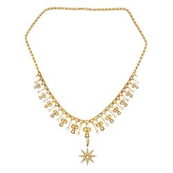 Edwardian 15ct gold split pearl fringe necklace, thirteen graduating cross pendants, each spaced by pearl drops, the centre cross suspending an 18ct gold pearl star pendant, to a pearl set chain necklace, in silk and velvet lined case by Elkington, Glasgow