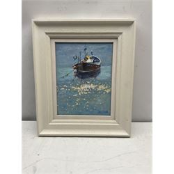 Robert Brindley (British 1949-): 'Sparkling Lights at Staithes Harbour', oil on board signed, titled verso 26cm x 20cm