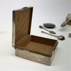 A silver mounted cigarette box, of square form with engine turned cover and soft wood lined interior, hallmarked Northern Goldsmiths Co, assay mark worn and indistinct, together with a silver mounted hair brush and hand held mirror, hallmarks worn and indistinct, two silver mounted cruets, hallmarked Birmingham 1899, Georgian silver salt spoon, spoon with thistle terminal, hallmarked Glasgow 1951, and George V silver compact, plus a glass preserve jar with pierced silver plated mount and spoon.