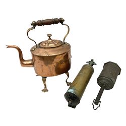 Art Nouveau copper kettle, raised on four stylised feet, H37cm together with Rayner brass fire extinguisher etc (3)