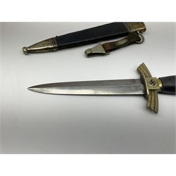  WW2 German SMF Solingen DLV flyers dagger with 16cm steel blade, nickel downswept cross-piece and pommel and leather covered grip, in leather and nickel scabbard with leather suspension strap L34cm overall. After WWI Germany was forbidden an air force by the Treaty of Versailles however the Deutscher Luftsport-Verband (German Air-sport Association) was formed in March 1933 from various sports flying clubs and had branches for aeroplane, gliding and balloon flying. Under cover of the sporting DLV, many future Luftwaffe pilots trained to fly. DLV was embodied with the NSKK in March 1935 and 1st March 1937 Luftwaffe formed.