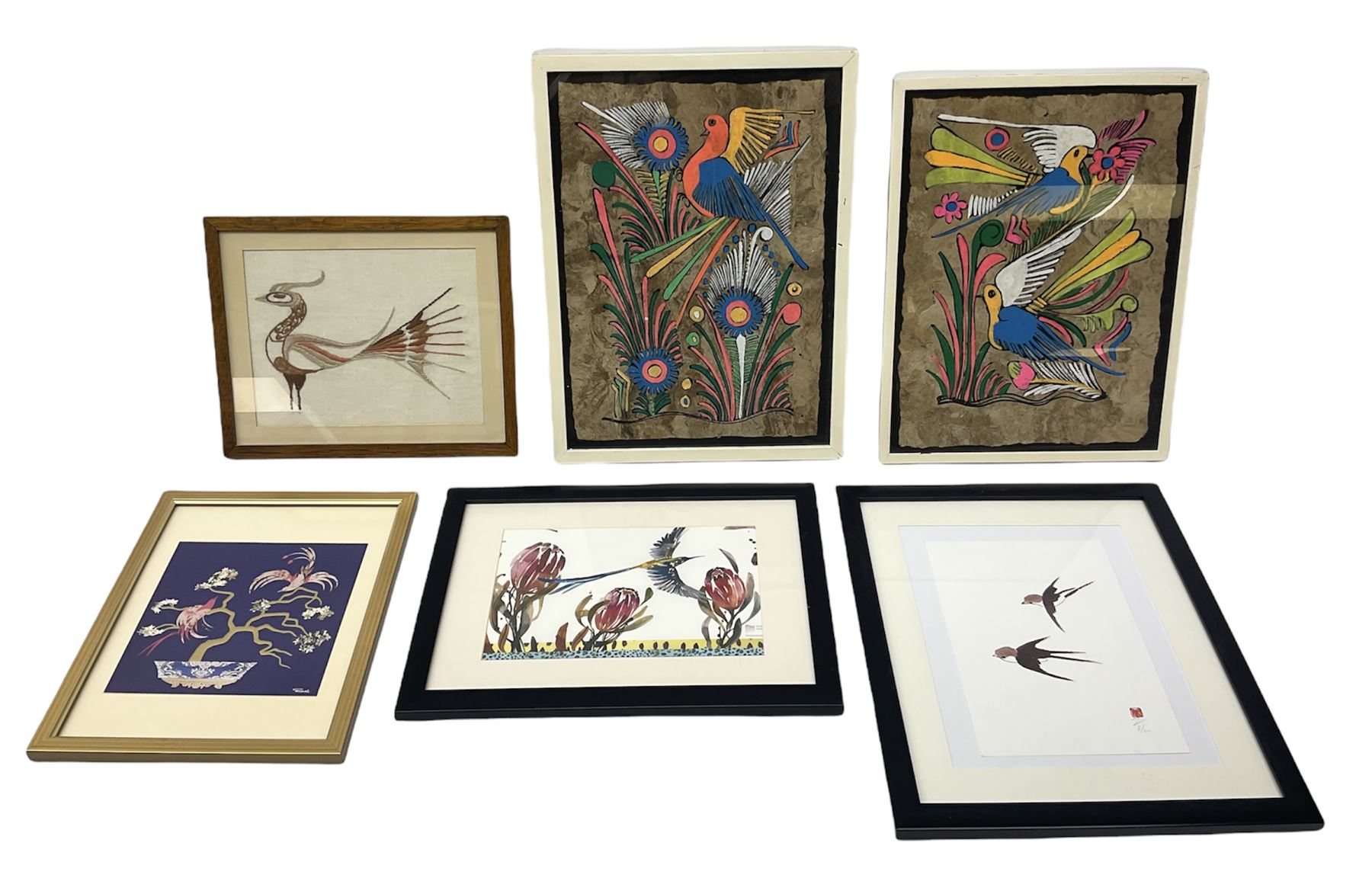 Mexican School (20th century): Birds of Paradise, pair Amate bark paintings together with four further pictures of birds max 31cm x 23cm (6)