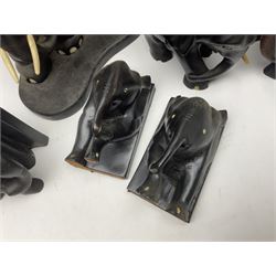 Three pairs of carved wooden elephant bookends, and a similar carved wooden elephant figure, tallest H24cm