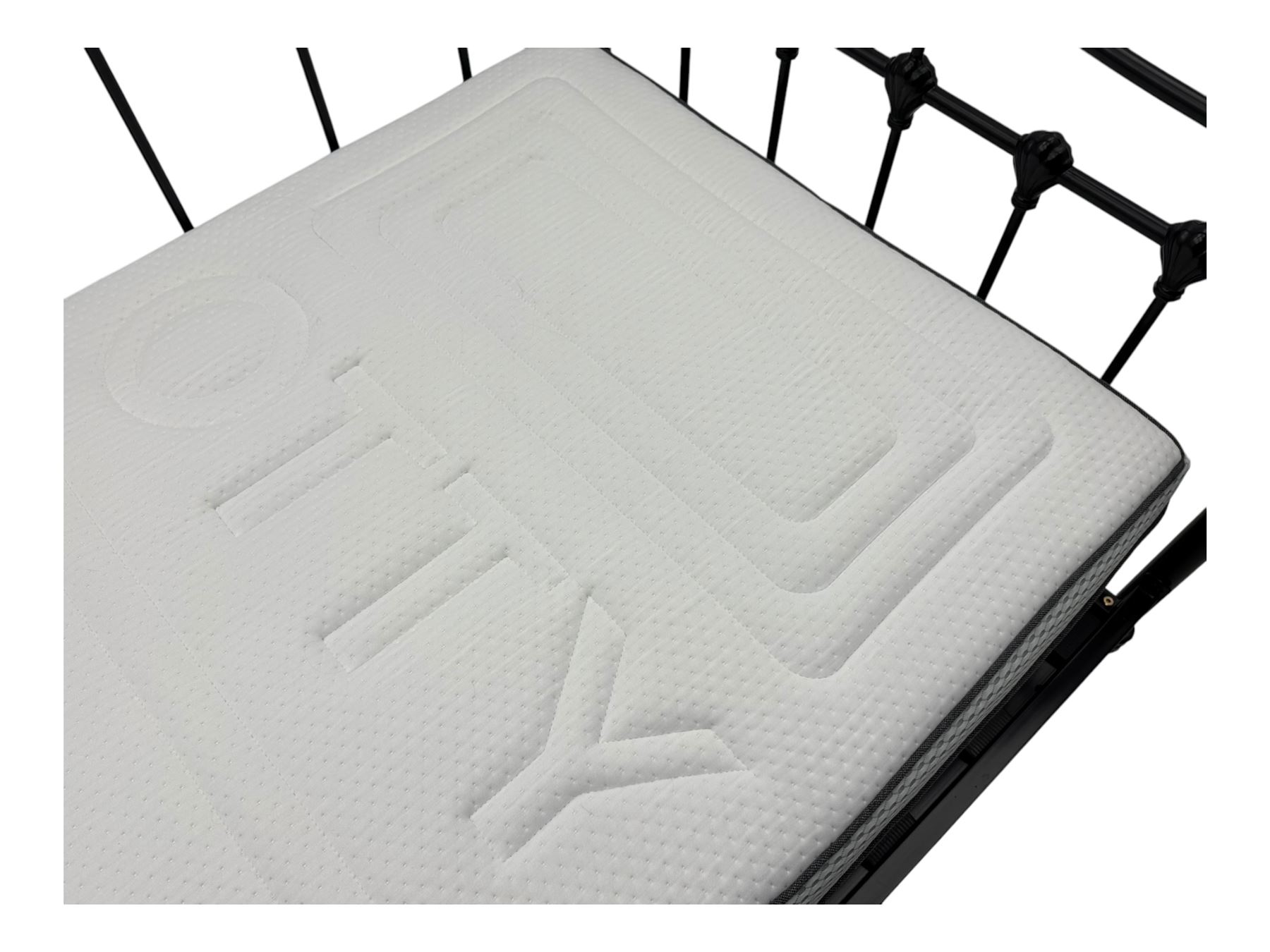 Contemporary Victorian revival black metal day bed, featuring arched back and sides with turned finials and spindle rails, complete with single 'OTTO' mattress