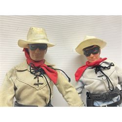 Two pairs of 1970s Lone Ranger and Tonto action figures, probably by Marx Toys; and Gabriel 'Silver' stallion horse; all unboxed (5)