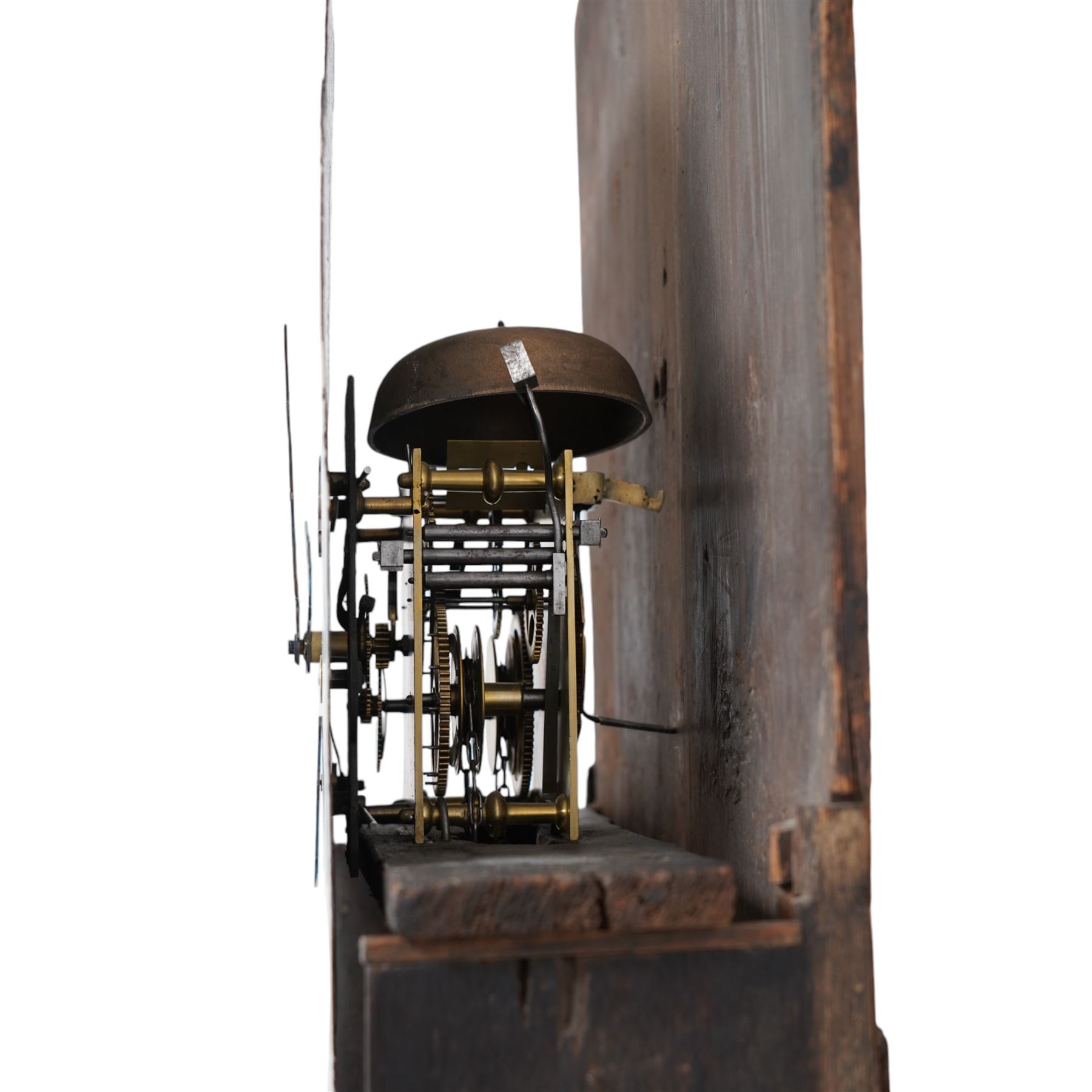 Ralph Weston (III) of Wolsingham (Co Durham) - 30-hour oak and mahogany longcase clock c1815-17, With a swan necked pediment, brass parterre and central spire finial, break arch hood door beneath flanked by reeded pilasters with brass capitals, trunk with recessed reeded pilasters and a crossbanded door with a concave top, square plinth on bracket feet, painted dial with floral depiction to the spandrels and a depiction of a boy attempting to catch birds in the arch, with makers name, Roman numerals, five minute Arabic's, minute track and matching steel hands, with dummy seconds and calendar dials and dummy winding arbors, dial pinned via a cast falseplate by Whittaker & Shreeve to a countwheel striking chain driven movement striking the hours on a bell. With weight and pendulum.
Notes.
The Weston family were a prodigious three generation family of 18th and 19th century Wolsingham clockmakers, all christened Ralph. The maker of this clock Ralph (III) frequently made 30hr clocks such as this possessing features normally found on  8-day clock dials.
Both the clockmaker, clock and dial were the subject of a comprehensive five part article in CLOCKS magazine published between  Nov 2012 and March 2013. The dial of the clock being of particular interest, manufactured by the Haifax firm of Shreve and Whittaker between 1815-17 . 
William Shreeve, a highly respected and competent dial painter went into a short-lived partnership with William Whittaker in 1815, however in 1817 Shreeve died in a tragic accident whereby he was burnt to death whilst preparing some of his own paints and varnishes. 

