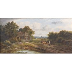 Continental School (20th Century): Harbour Scene, oil on canvas board indistinctly signed 58cm x 78cm; E Atkins (19th Century): Pastoral Scene, oil on canvas indistinctly signed and dated 1879, in gilt frame, 30cm x 60cm (2)