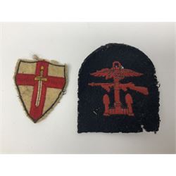 WW1 Short & Mason Ltd 'The Magnapole' black japanned brass field compass in leather carrying case; WW1 trench art paper knife inscribed Dixmude; and small quantity of cloth badges etc