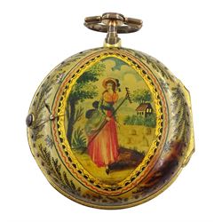18th century gilt metal triple cased verge fusee pocket watch by Wilkie & Co, London,  No. 3781, round baluster pillars, engraved and pierced balance cock, white enamel dial with Roman numerals, bull's eye glass, underpainted horn inner case, depicting a lady with hay rake in a rural landscape, the outer tortoise covered case with gilt pique work 