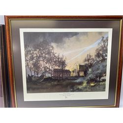 After Alan Fernley, colour print 'The Bridge at Arnhem', signed on the mount, 37 x 50cm; and after John Sellars, colour print 'Pegasus Bridge. Early Morning of D-Day 6th June 1944 Benouville Normandy'; both in mahogany stained frames (2)