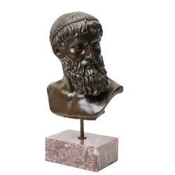 After the antique – a bronze bust modelled on the Artemision Bronze depicting the Greek god Zeus, the bearded head with intense gaze and idealised Classical features, raised on a marble plinth
Notes: the original is now held at the Archaeological Museum of Athens after being recovered from the sea off Cape Artemision, H49cm