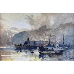 Robert Leslie Howey (British 1900-1981): Cobles off Tate Hill Pier Whitby, oil on canvas board signed 11cm x 16cm