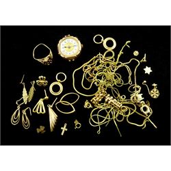 9ct and 14ct gold jewellery oddments, stamped or tested and a 9ct rose gold wristwatch hallmarked