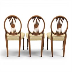 Bevan Funnell Reprodux - Regency design set of ten mahogany dining chairs, oval backs with central splat with rose motif, serpentine seat upholstered in damask fabric, raised on turned supports
