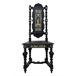 19th century Italian ebonised side chair, the backrest inlaid with bone and decorated with a painted figure in Renaissance dress within an arched reserve, flanked by turned supports and scrolled cresting, the seat and frieze similarly inlaid, raised on turned legs with shaped stretchers