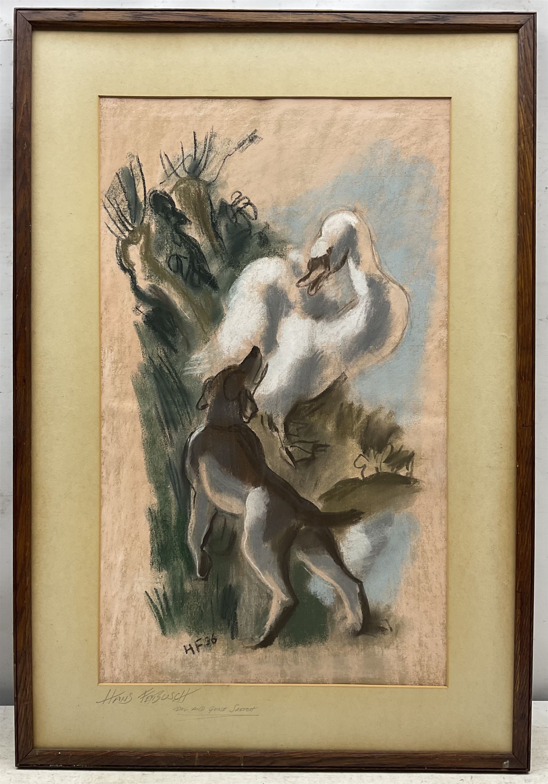 Hans Feibusch (German 1898-1998): 'Dog and Goose Sketch', pastel signed and dated '36, 57cm x 34cm 