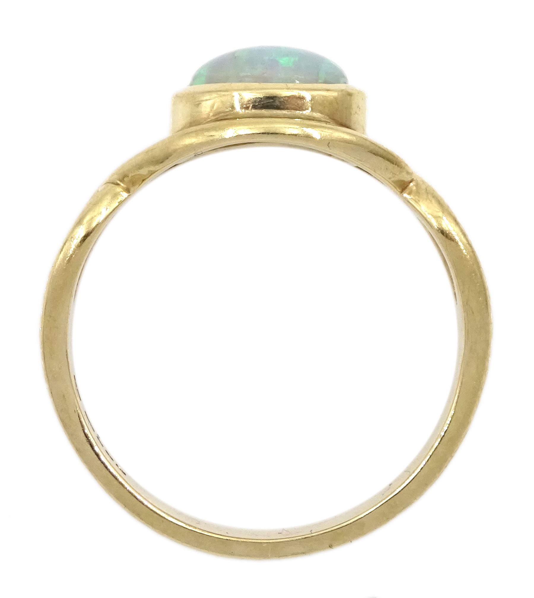 9ct gold single stone opal ring, with crossover design shoulders, Sheffield 2005