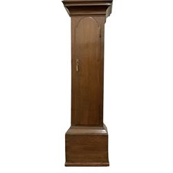 William Todd of Scarborough - early 18th century 8-day oak cased longcase clock c1730, with a flat top and deep cornice to the pediment, glazed side windows and a break arch hood door beneath with attached pilasters, long trunk door with an arched top on a reduced plinth with applied skirting, brass dial with cast spandrels and a father time automata to the arch, silvered chapter with Roman numerals and five minute Arabic's, quarter-hour and minute track,  plain dial centre with engraving and ringed winding holes, seconds dial and date aperture, movement pinned directly to an internal countwheel striking movement, striking the hours on a vertical bell. With pendulum and weights. 
William Todd is recorded as working in Scarborough 1720-d.1752..
