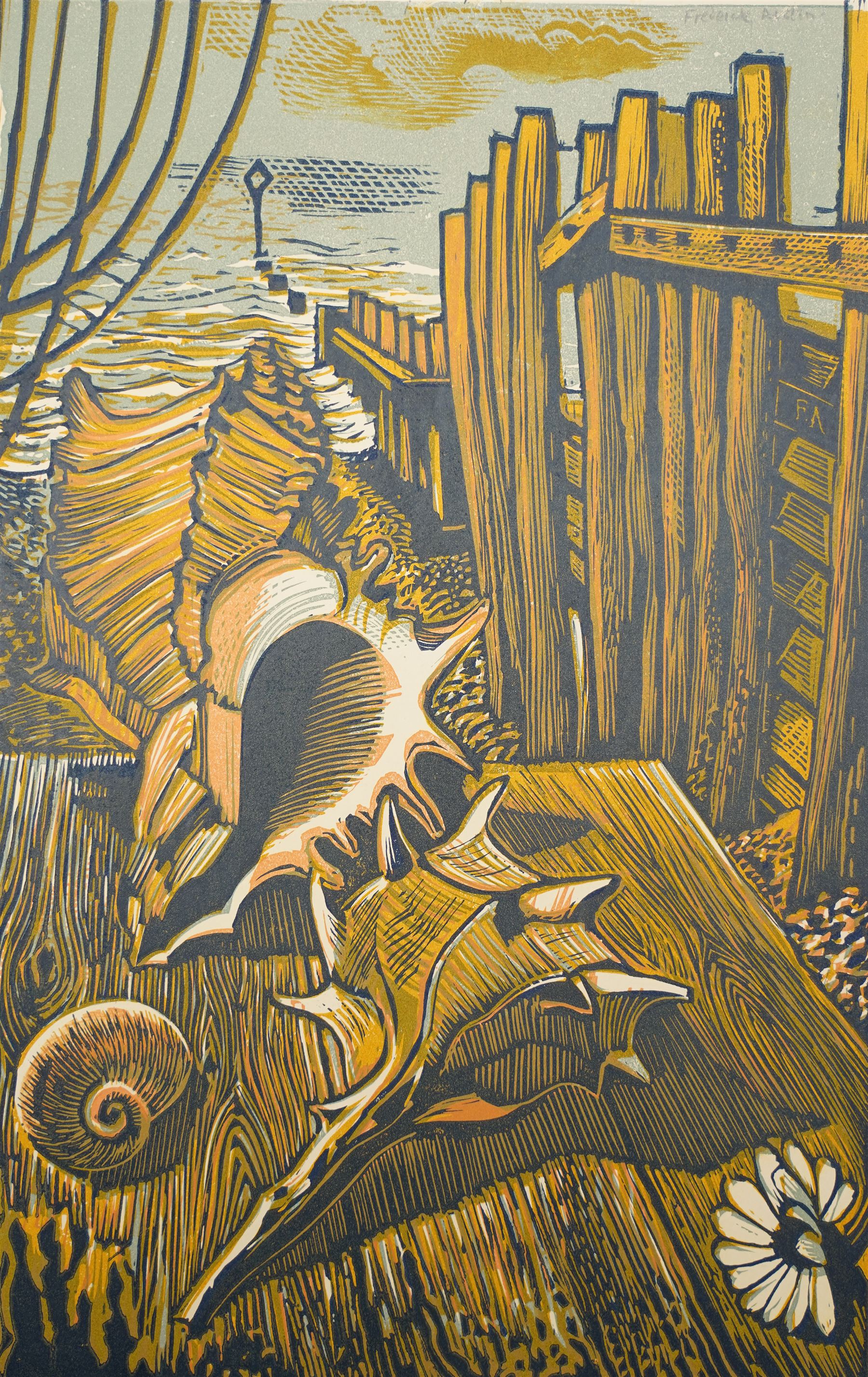 Frederick George Austin (British 1902-1990): Seashells by Groynes, colour linocut signed in pencil 37cm x 25cm (unframed)
Provenance: direct from the granddaughter of the artist