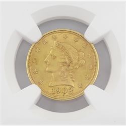 United States of America 1902 Liberty head gold two and a half dollar coin, encapsulated and graded MS62 by NGC