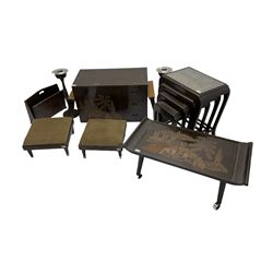 Singapore carved hardwood nest of tables, smokers stand, coffee table, stools, cabinet and magazine rack (8)